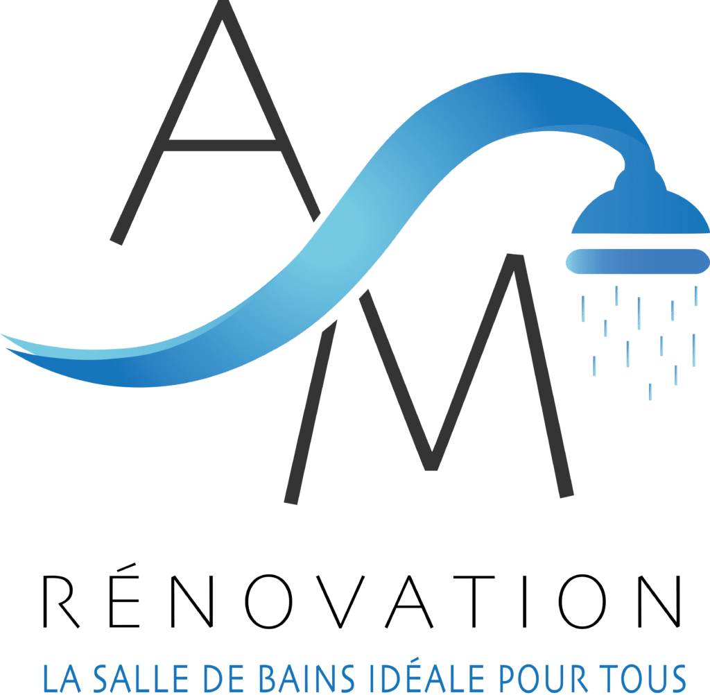 Logo "A" et "M" avec vague bleue/douche. "Salle de bains idéale et accessible pour tous.