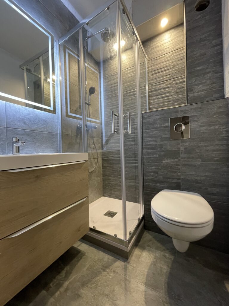 Salle de bain moderne : douche en verre, lavabo mural, armoire miroir, WC suspendu, carrelage gris.