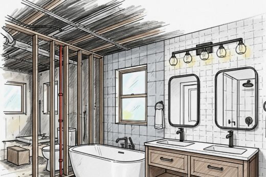 Salle de bains en rénovation partielle exposant structure et éléments finis à Grasse.